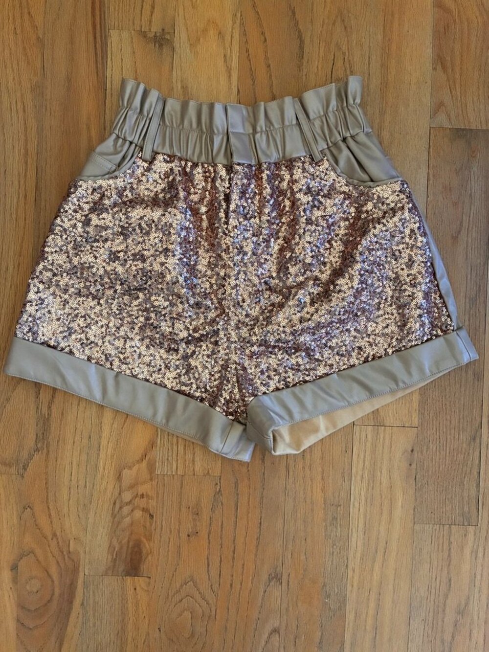 Fantastic Fawn Taupe Faux Leather Sequin Shorts Womens Medium